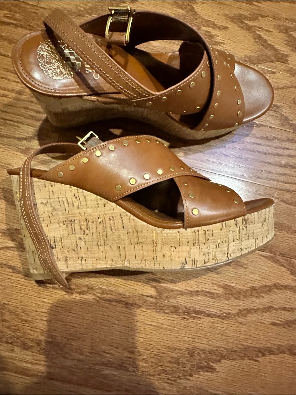 Vince Camuto Tan Leather Cork Wedge Sandals with Gold Studs